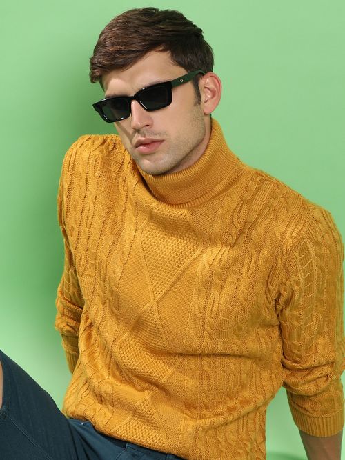 Campus Sutra Men Mustard Yellow Relaxed Cable Knit Pullover Sweater