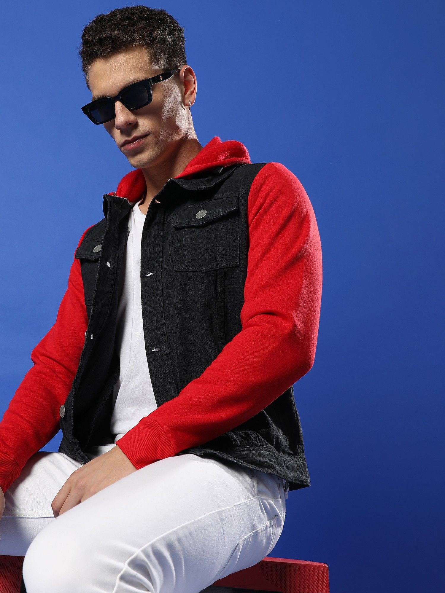 Dark red denim jacket mens sale