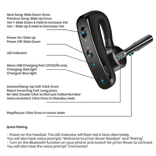 pTron Atom Rover Mono In-Ear Wireless Bluetooth Headphones With Hd Mic  Voice Assistance (Black)