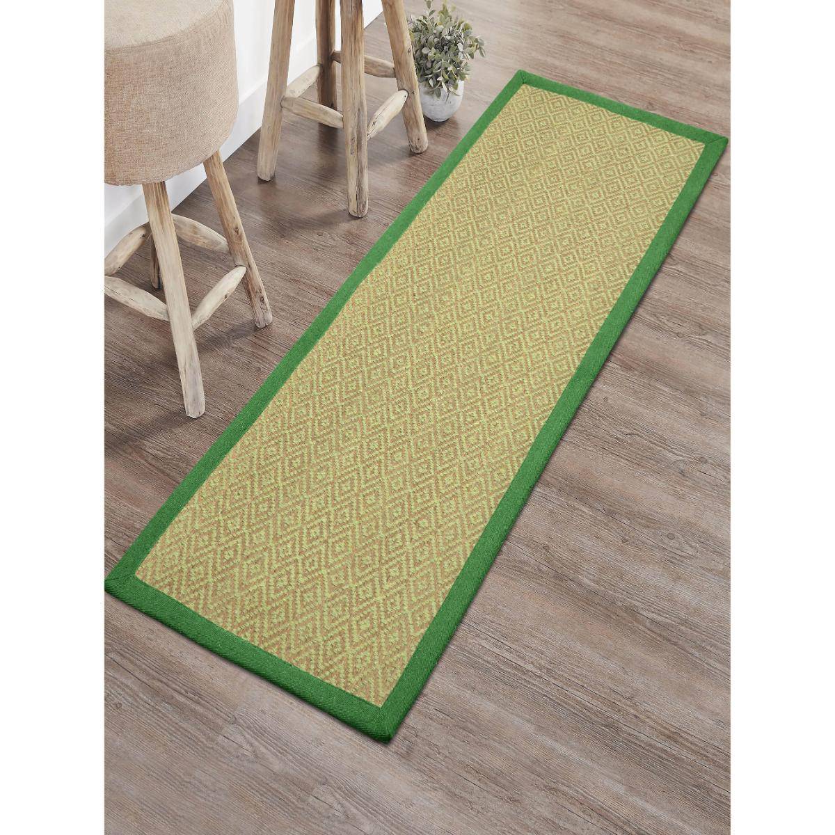 Saral Home Diamond Jute & Cotton Woven Anti-Slip Strong Border Runner 40x120 cm Green