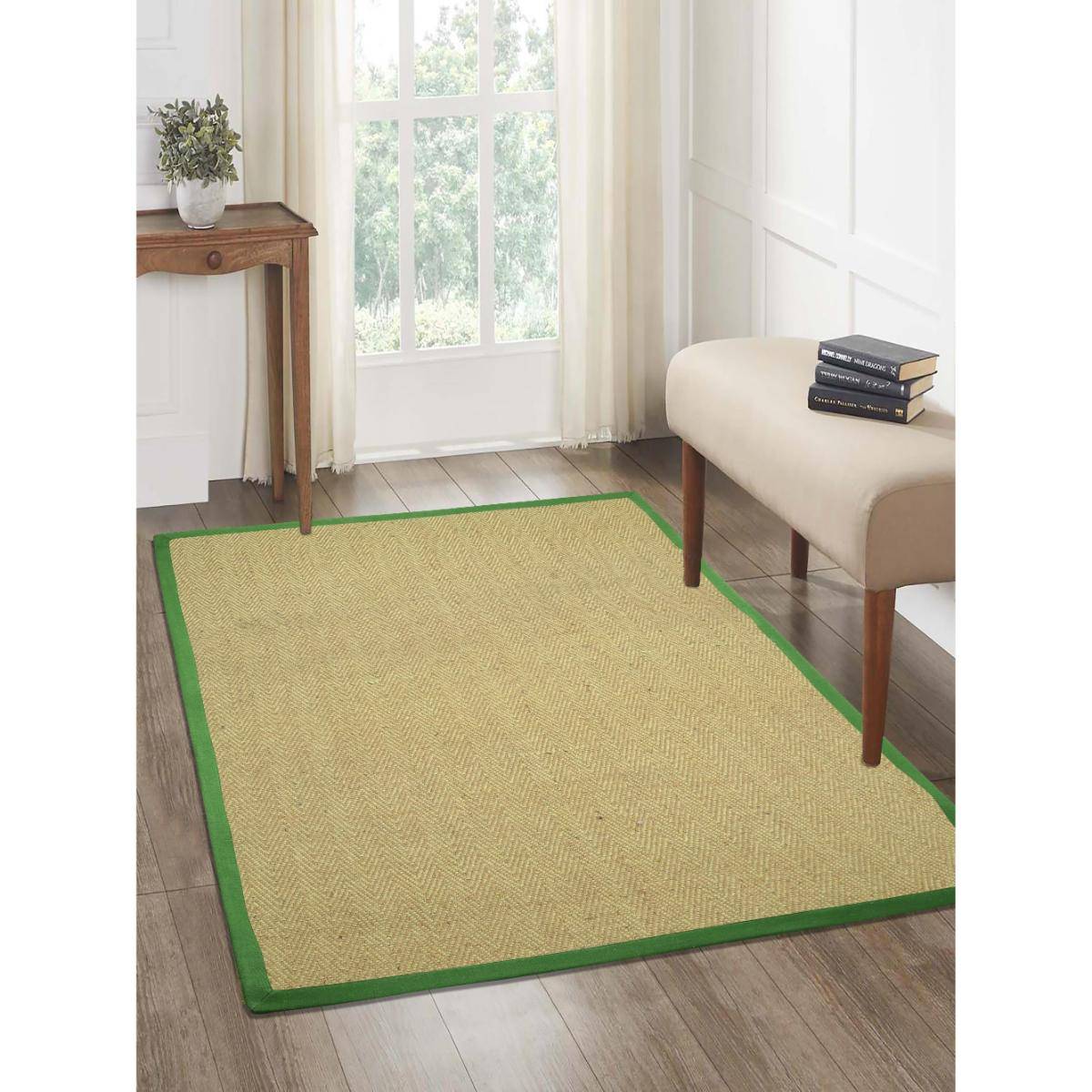 Saral Home Chevron Jute & Cotton Woven Anti-Slip Strong Border Carpet 120x180 cm Green