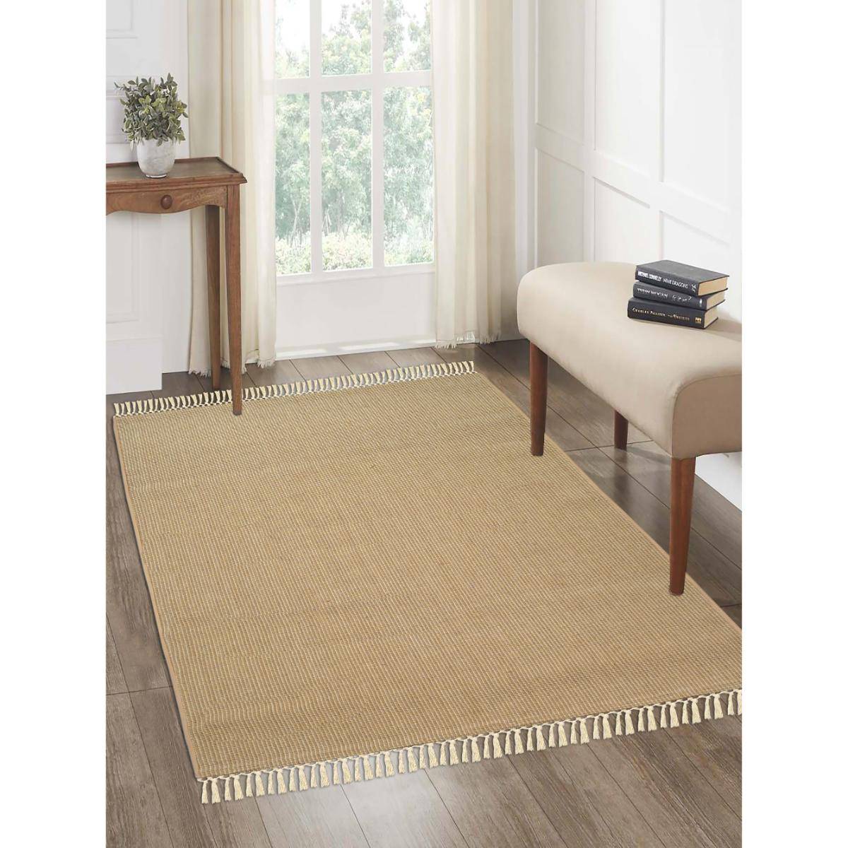 Saral Home HUGLI Cotton Jute Woven Strong Anti-Slip Carpet with fringe 90x150 cm