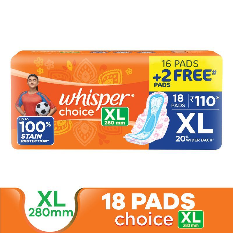 Whisper Choice XL thick Sanitary Pads upto 100 Stain protection with side safe Wings, 18 Pads