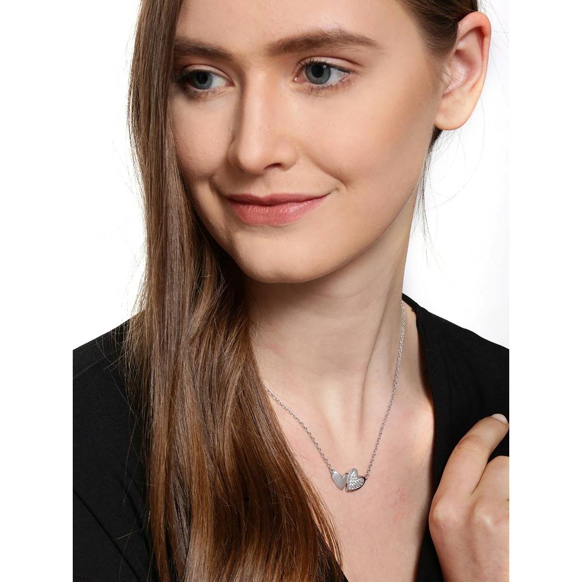 Carlton London Rhodium Plated with Cz Double Heart Necklace for Women