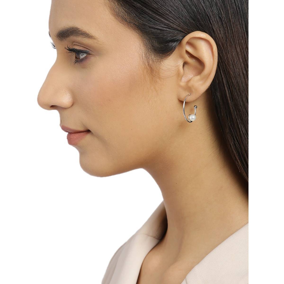 Carlton London Off White and Silver-Toned Rhodium-Plated Beaded Half Hoop Earrings