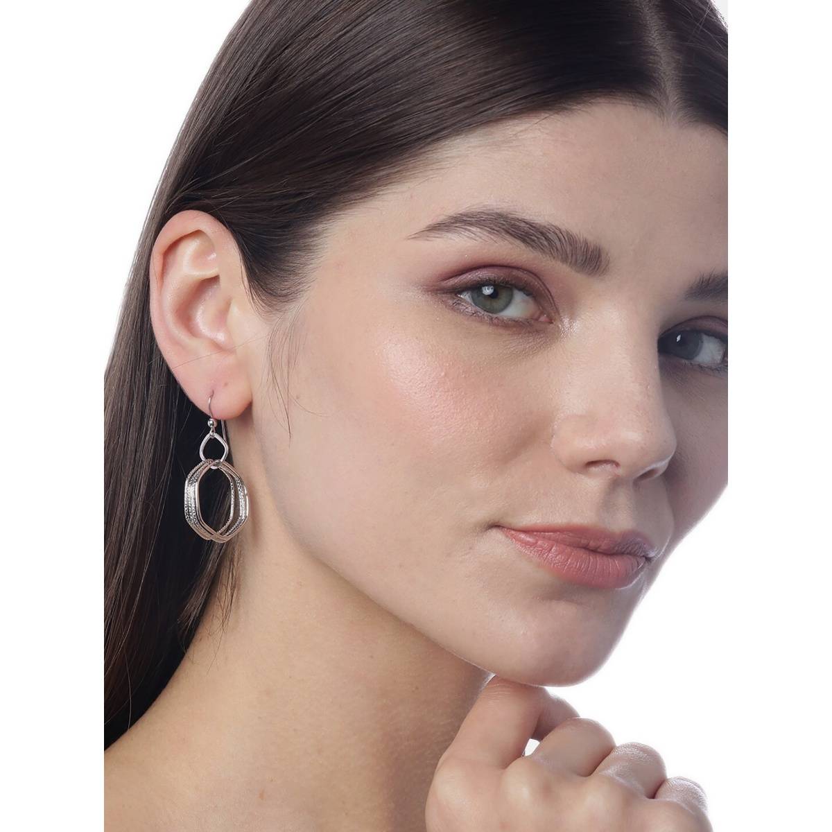 Carlton London Silver-Toned Rhodium-Plated Geometric Shaped Drop Earrings
