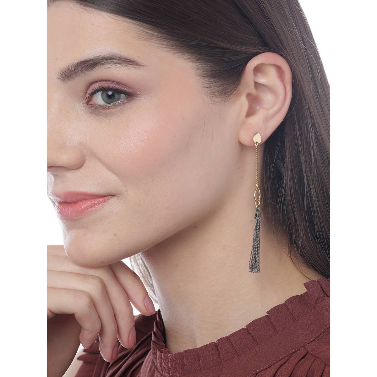 Carlton London Grey Gold-Plated Tasselled Heart-Shaped Drop Earrings