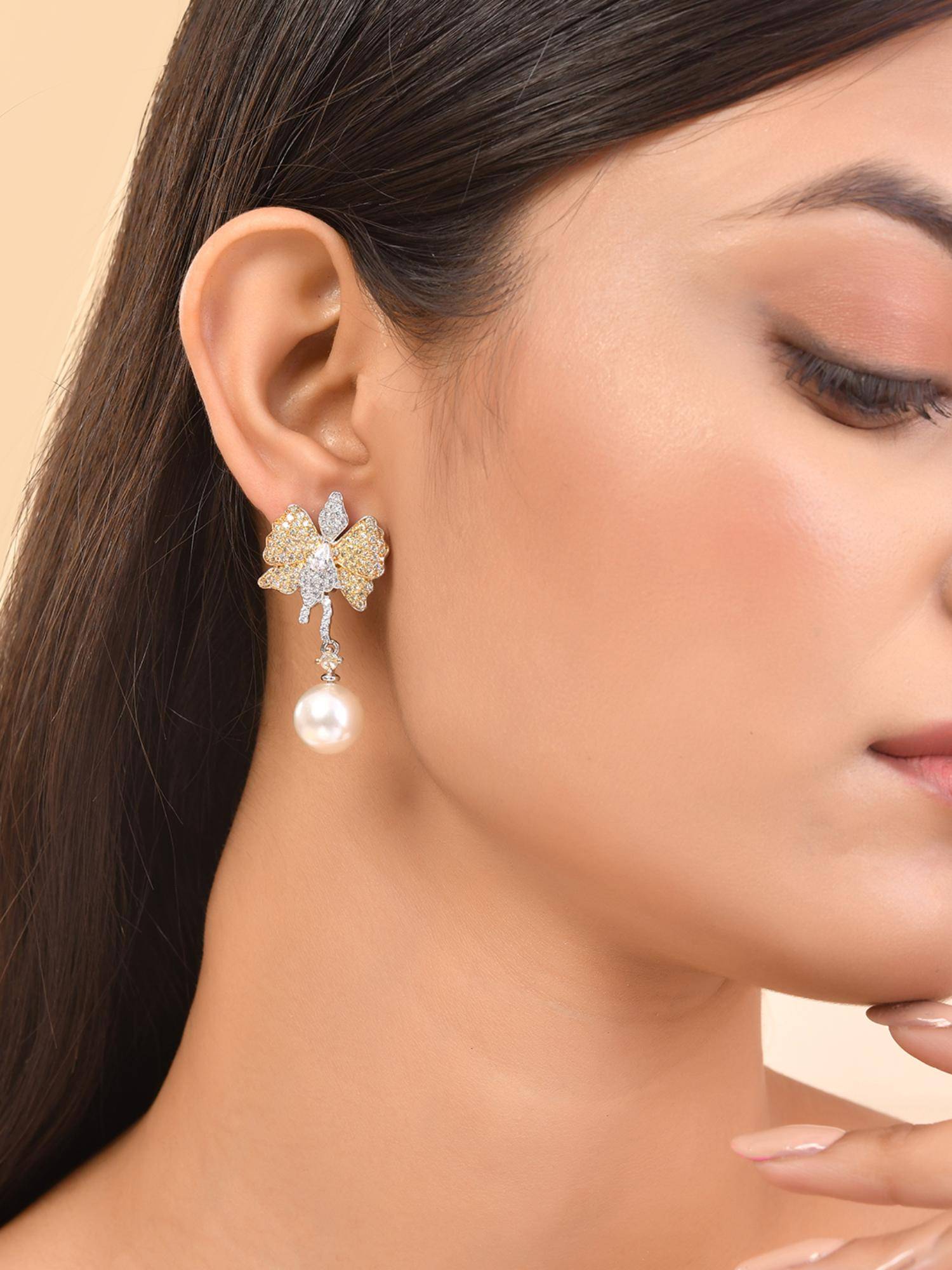 Voylla Sparkling Elegance Butterfly Dreams American Diamond Drop Earrings