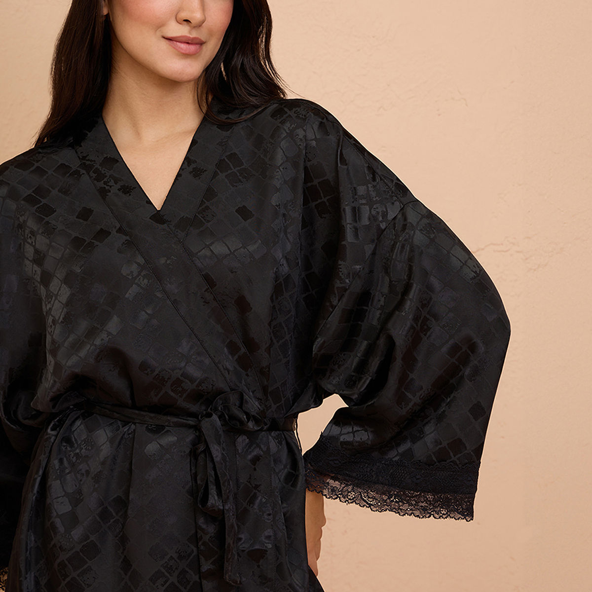 Buy Nykd By Nykaa Luxe Satin Robe with Stylish Lace and Belt Detail