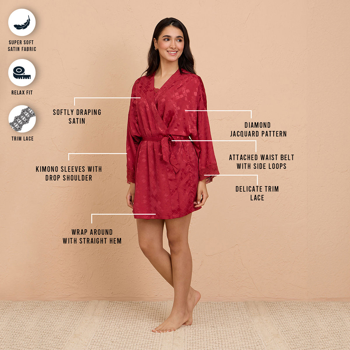 Buy Nykd By Nykaa Luxe Satin Robe with Stylish Lace and Belt Detail