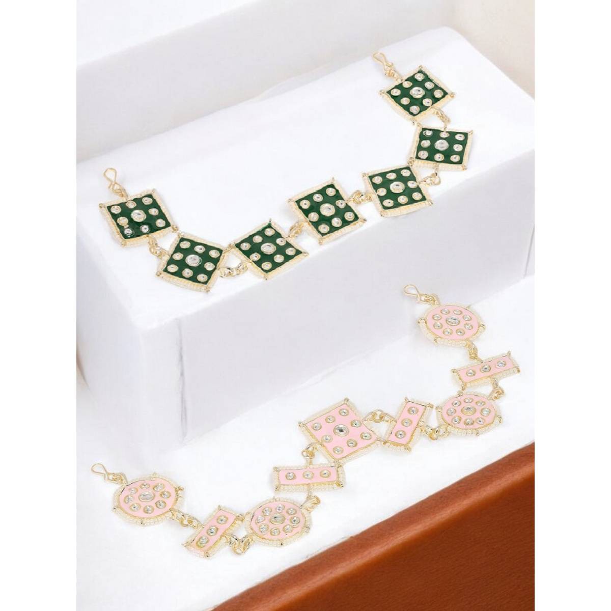 OOMPH Combo Of 2 Green and Pink Ethnic Meenakari and Kundan Hair Chain