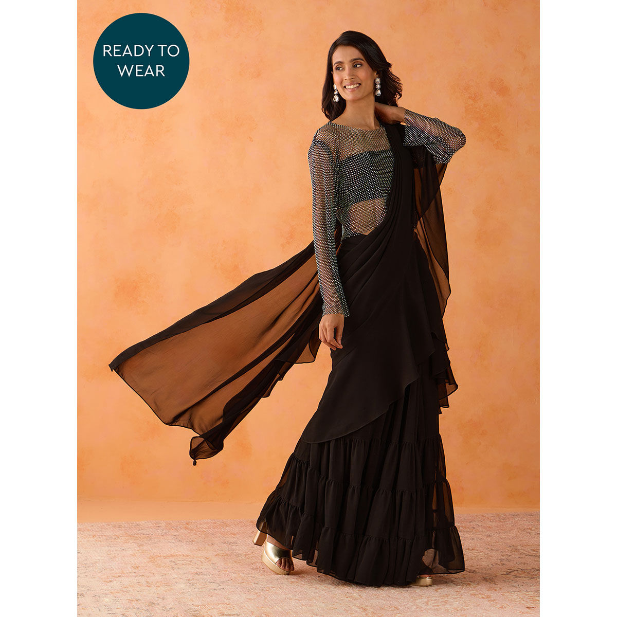 Buy Black Dupion Silk Embellished Pearl Round Pre-draped Saree With Blouse  For Women by Stotram Online at Aza Fashions.
