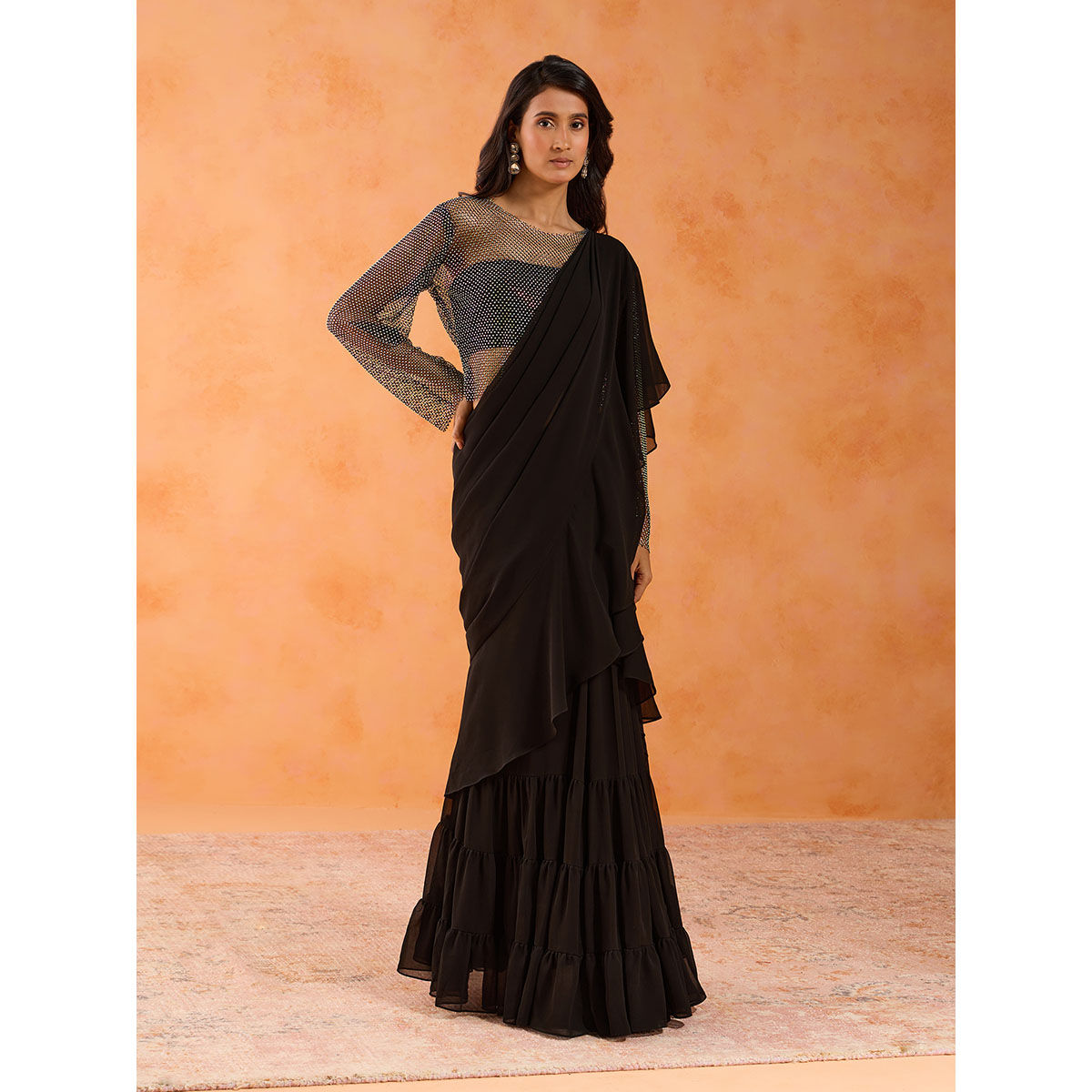 Trendy Bandhni Printed Black Ruffle Worked Designer Saree With Stylist Belt  – Kaleendi