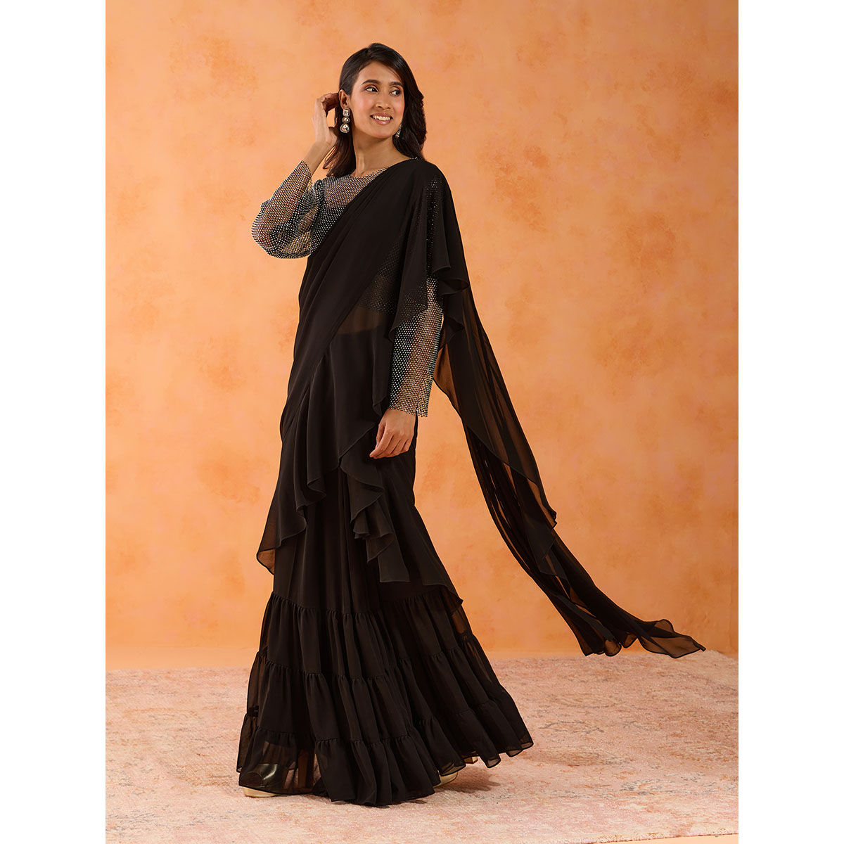 Buy Bollywood Model Black Georgette Sequins Ruffle saree in UK, USA and  Canada