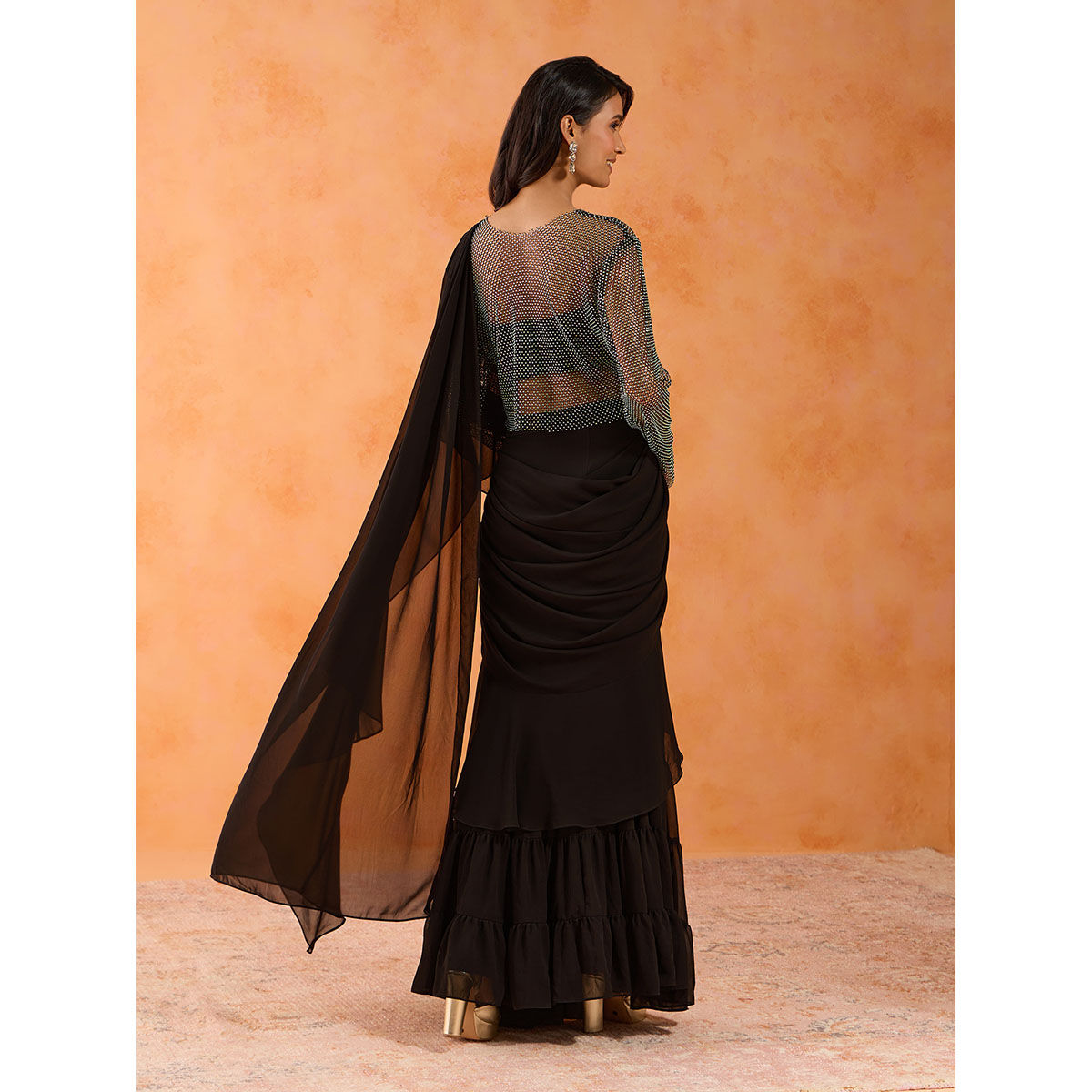 Buy Online Black Georgette Ruffle - Frill Saree Saree With Non Stitched  Blouse Piece – Ready Saree