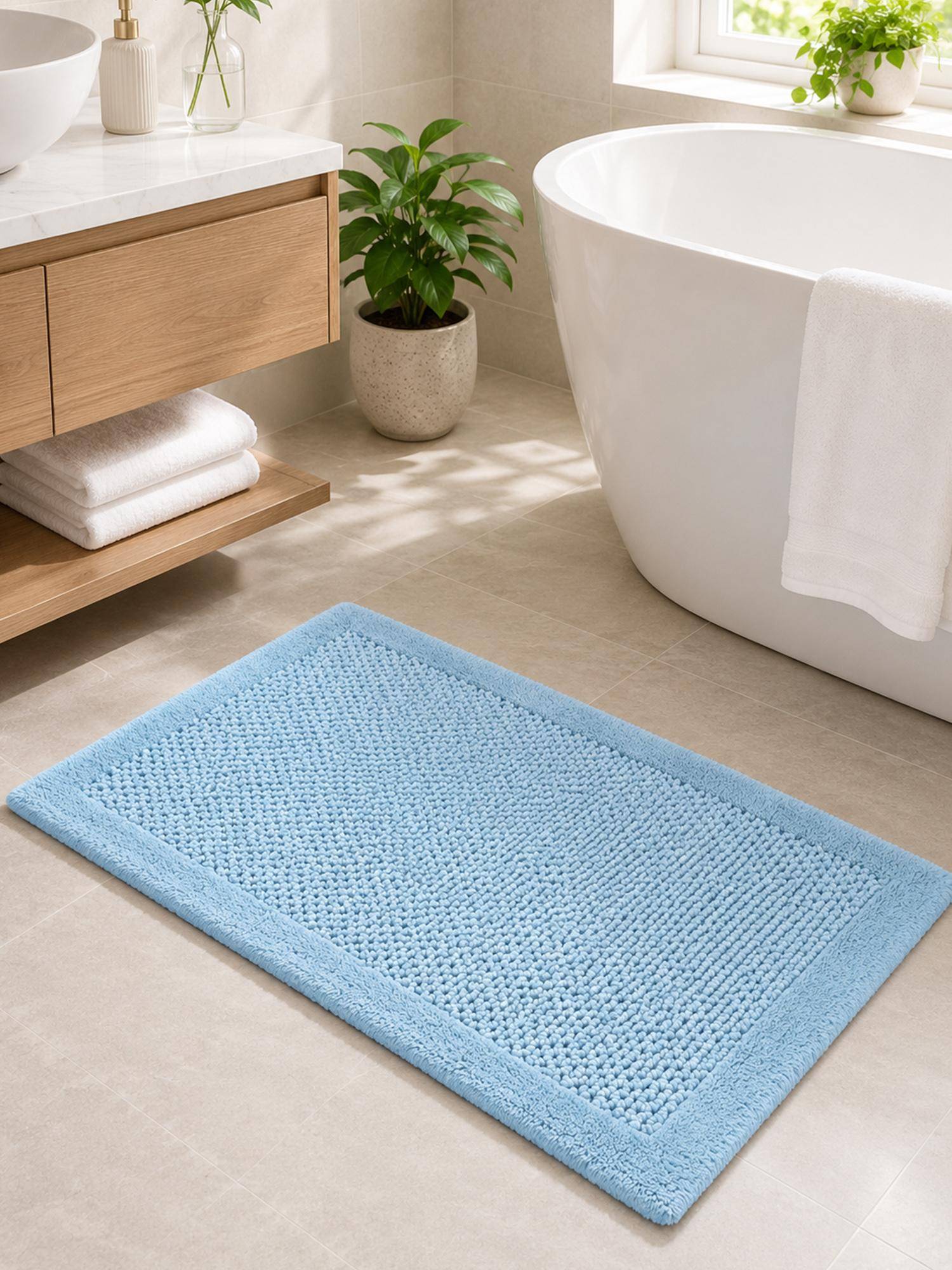 OBSESSIONS Baby Blue Reversible Cotton Bathmat, Soft and Ultra Absorbent (24x17 inch)