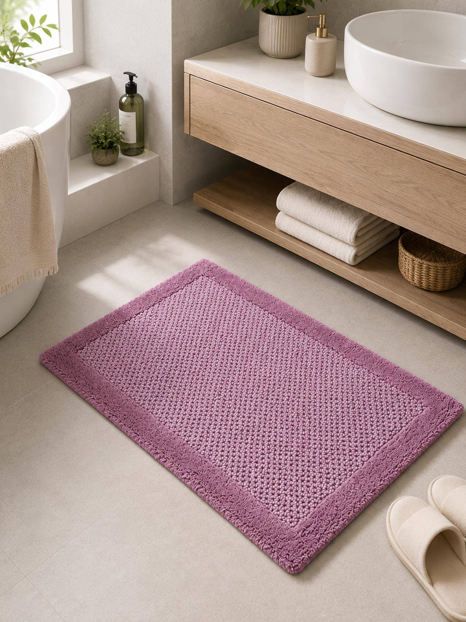 OBSESSIONS Pink Blush Reversible Cotton Bathmat, Soft and Ultra Absorbent (24x17 inch)