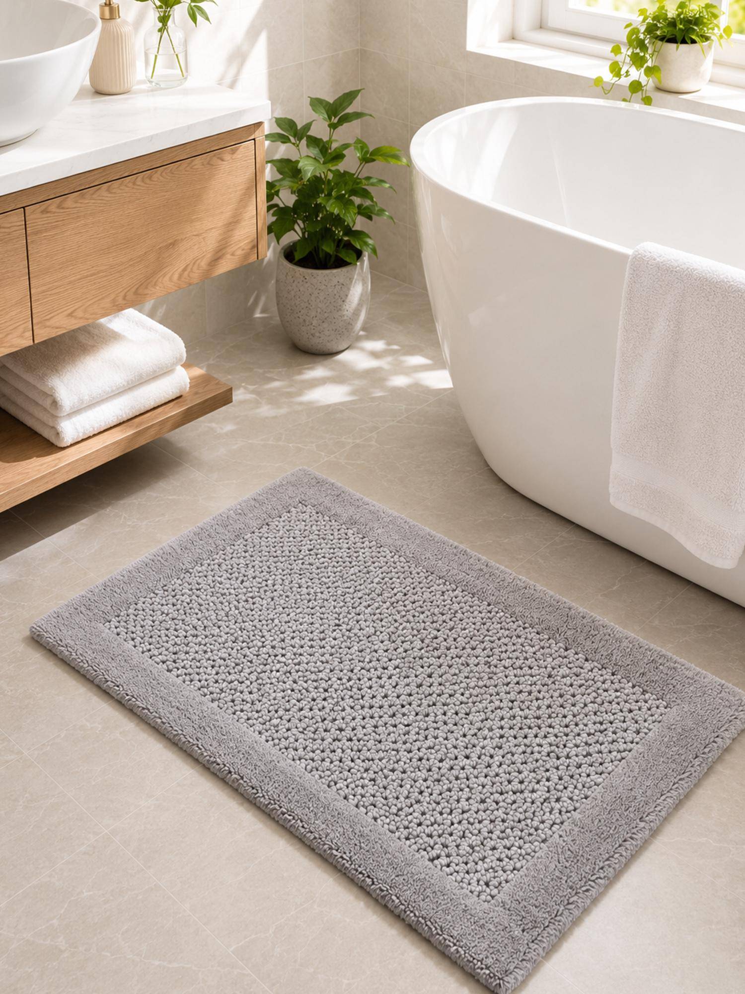 OBSESSIONS Grey Reversible Cotton Bathmat, Soft and Ultra Absorbent (35x20 inch)