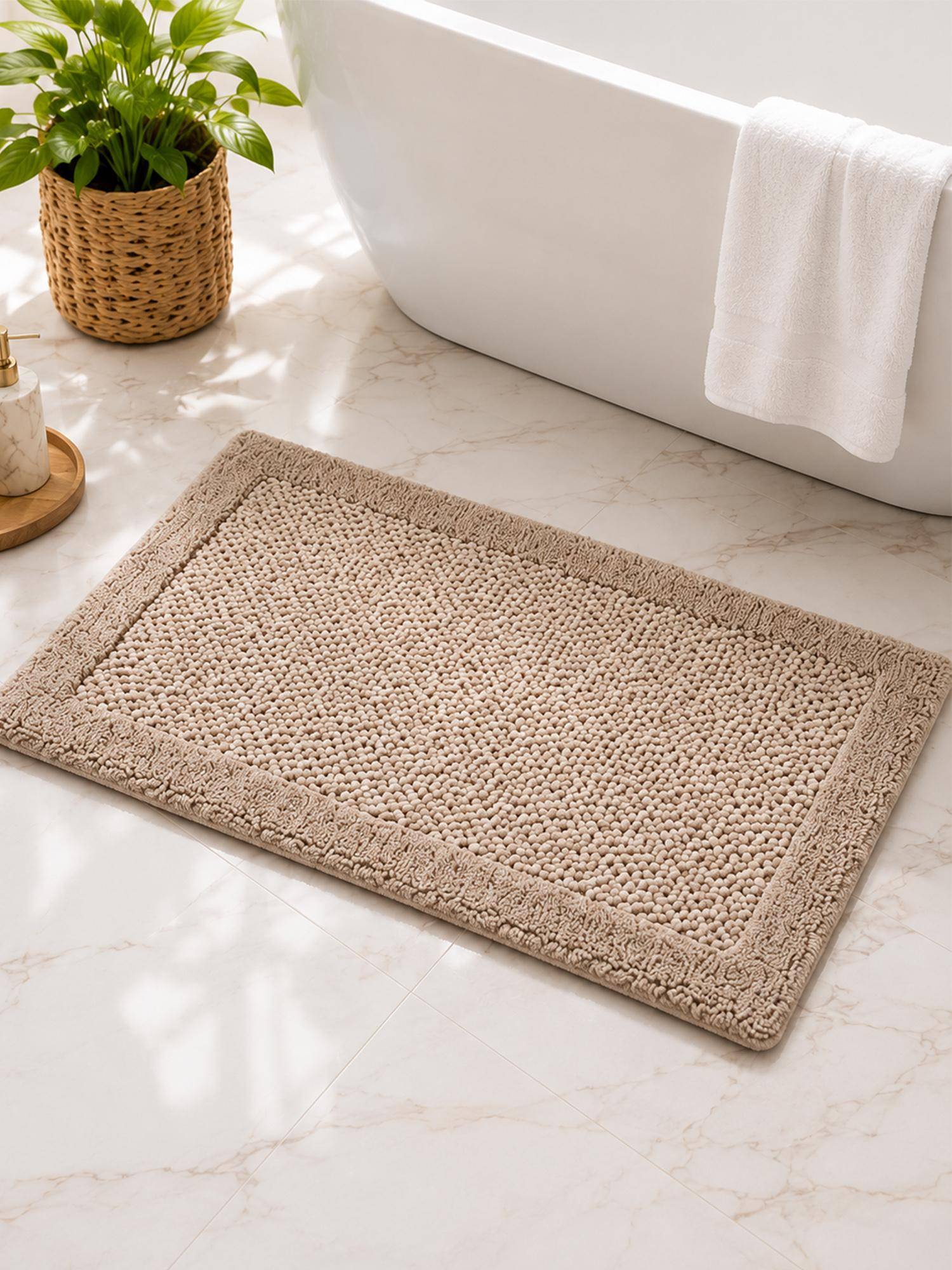 OBSESSIONS Beige Reversible Cotton Bathmat, Soft and Ultra Absorbent (35x20 inch)