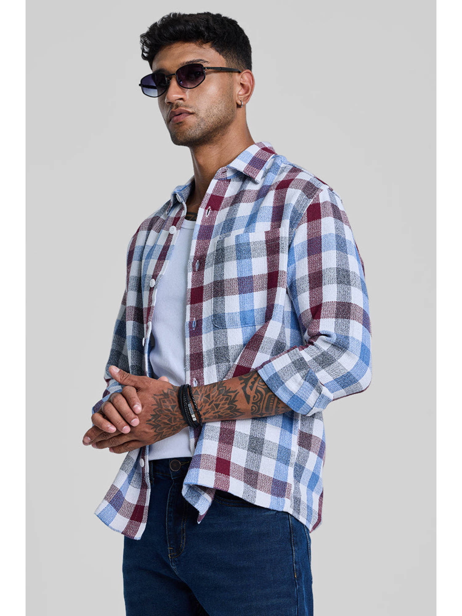 Snitch Red Buy Snitch Red & Light Blue Boxy Fit Gingham Shirt Online
