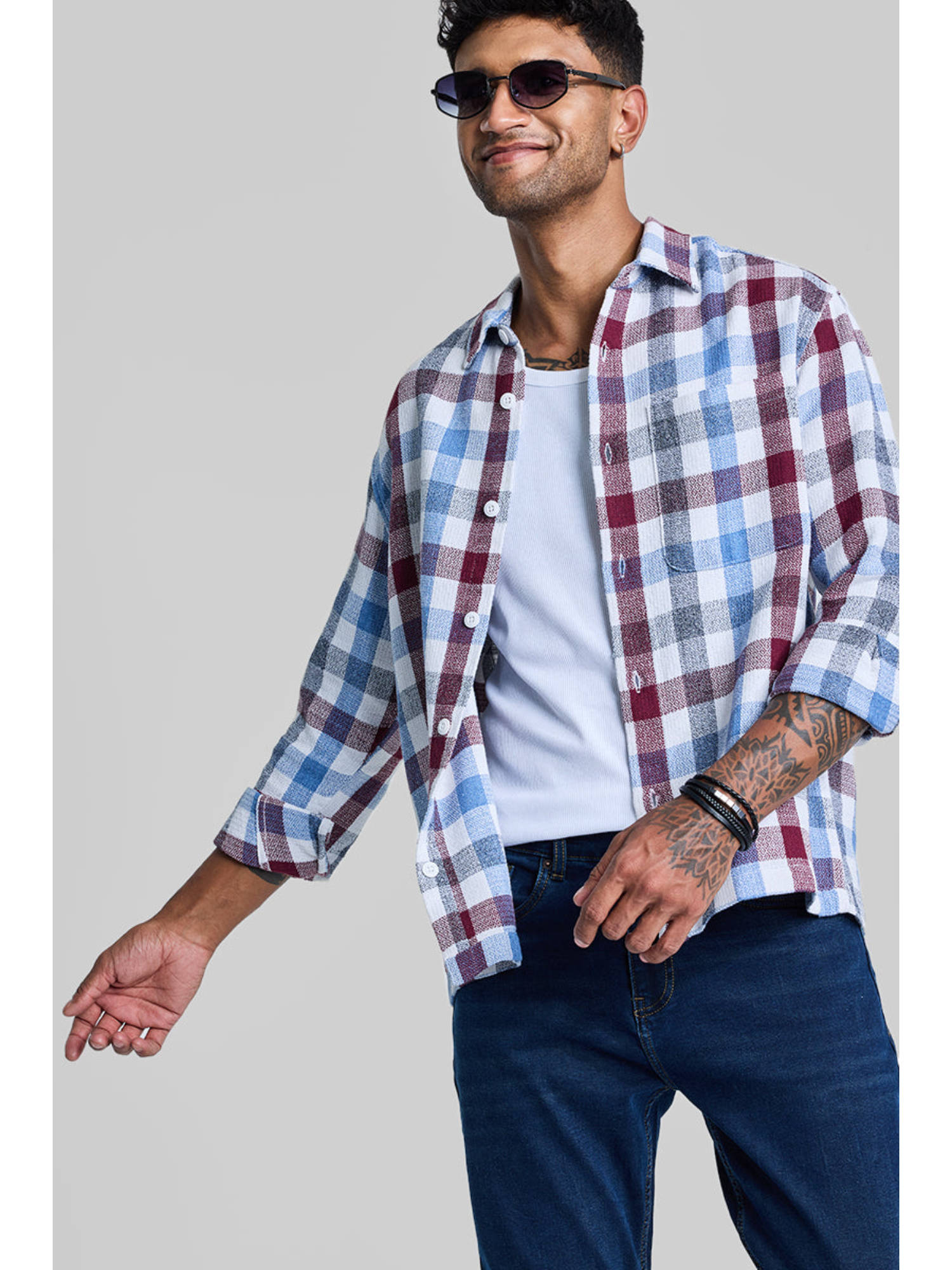 Snitch Red Buy Snitch Red & Light Blue Boxy Fit Gingham Shirt Online