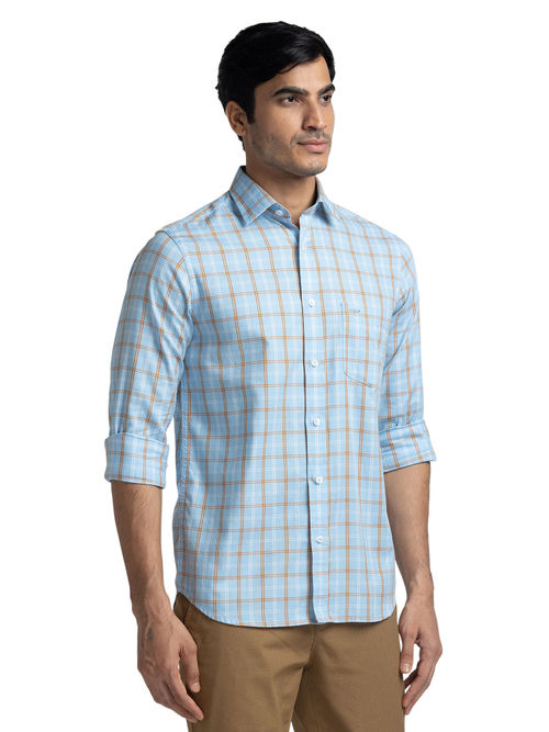 ColorPlus Men Tailored Fit Cotton Checks Blue Casual Shirt