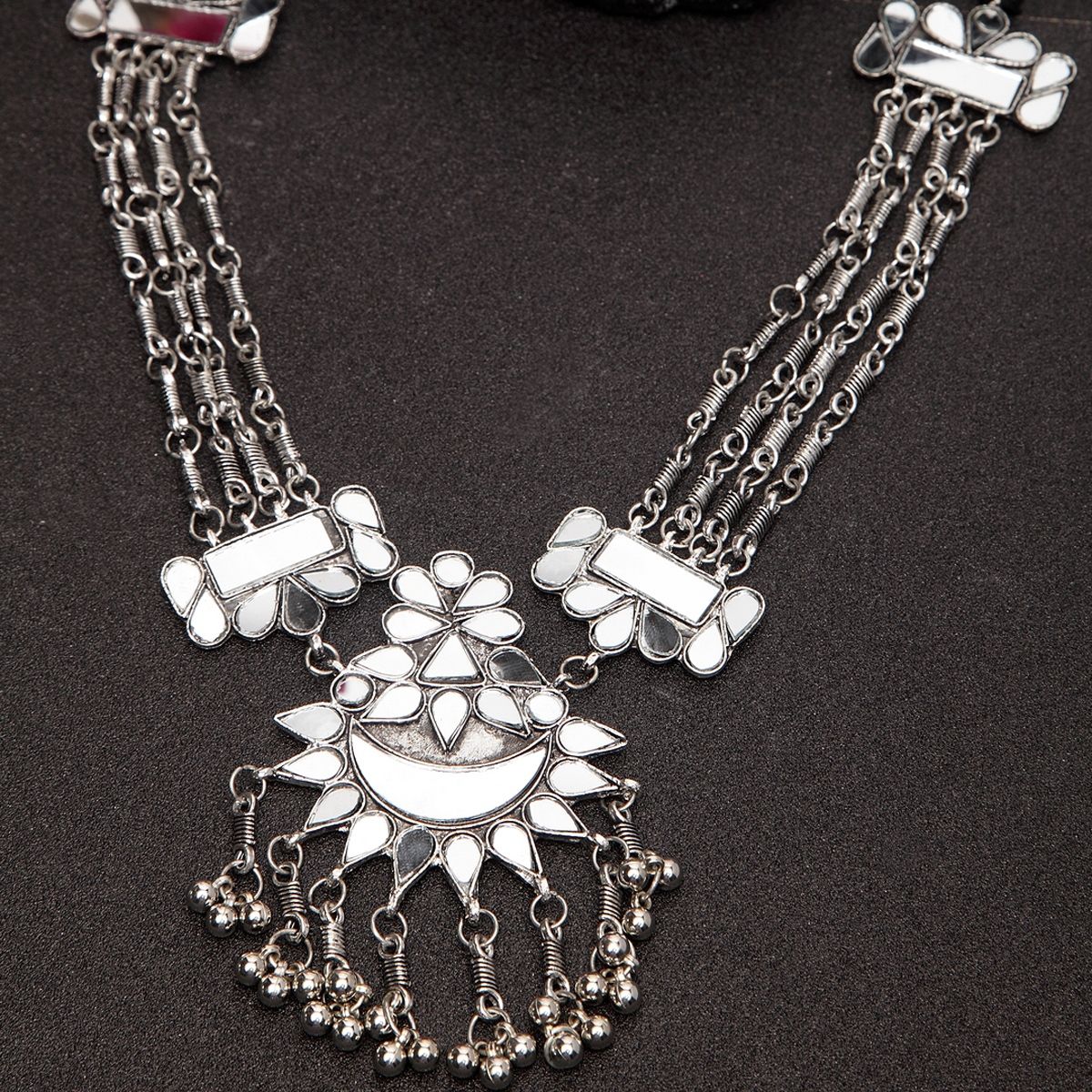 Moedbuille Handcrafted Mirror Studded Afghan Tasselled Design Oxidised Silver Plated Brass Necklace