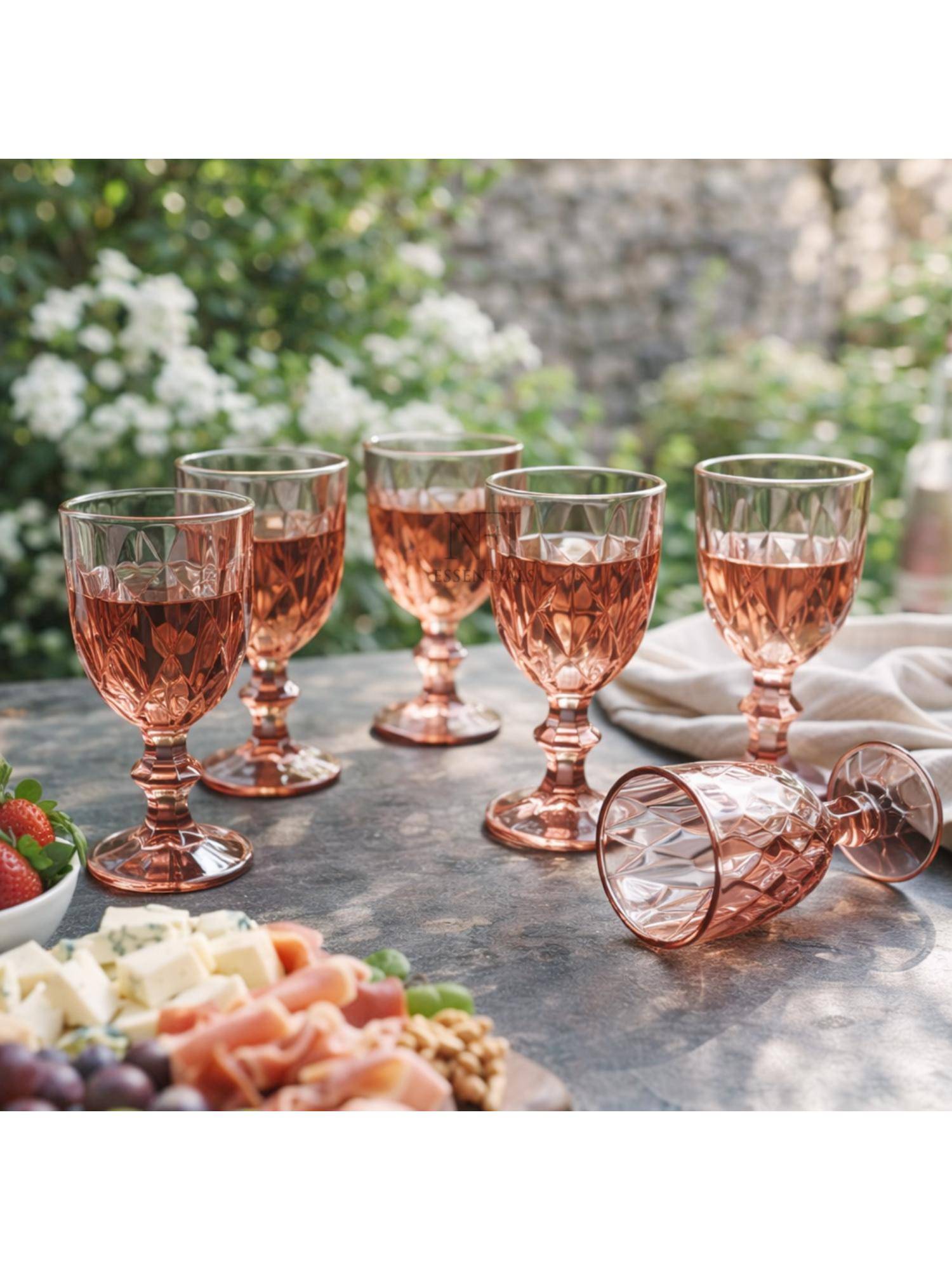 NFI Essentials Set Of 6 Embossed Crystal Clear Glass Goblet Elegant Stemmed Drinking Glass For Water
