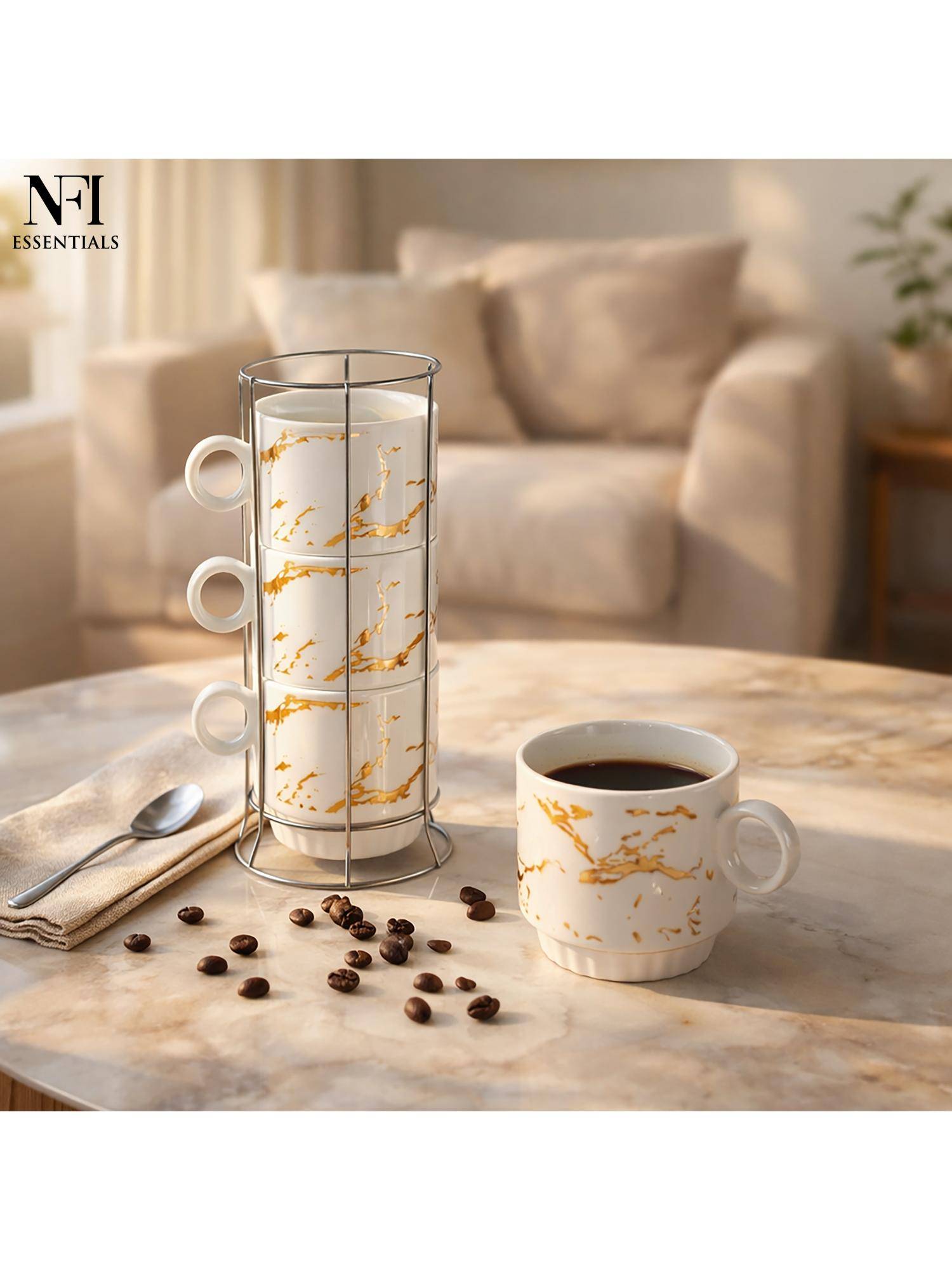NFI Essentials Ceramic Coffee Mug Set Of 4 With Metal Stackable Stand Cups