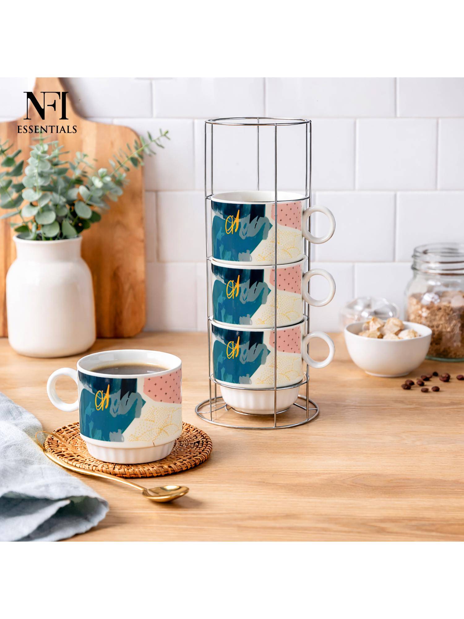 NFI Essentials Ceramic Coffee Mug Set Of 4 With Metal Stackable Stand Cups