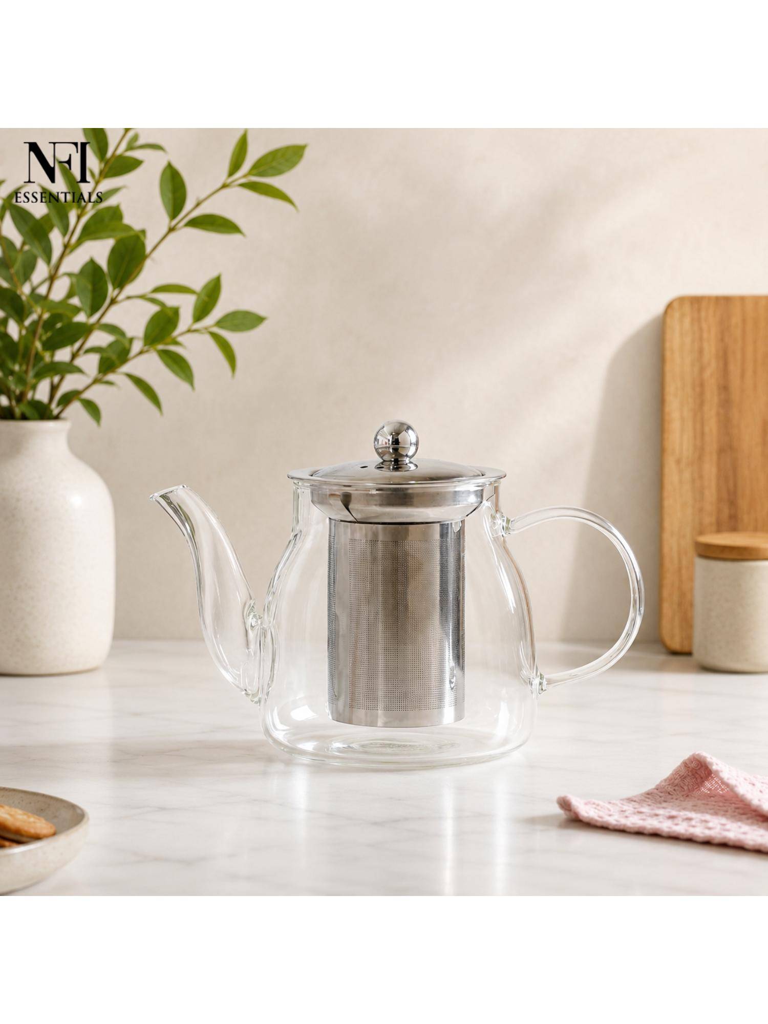 NFI Essentials Glass Teapot With Removable Stainless Steel Tea Infuser & Lid, Transparent
