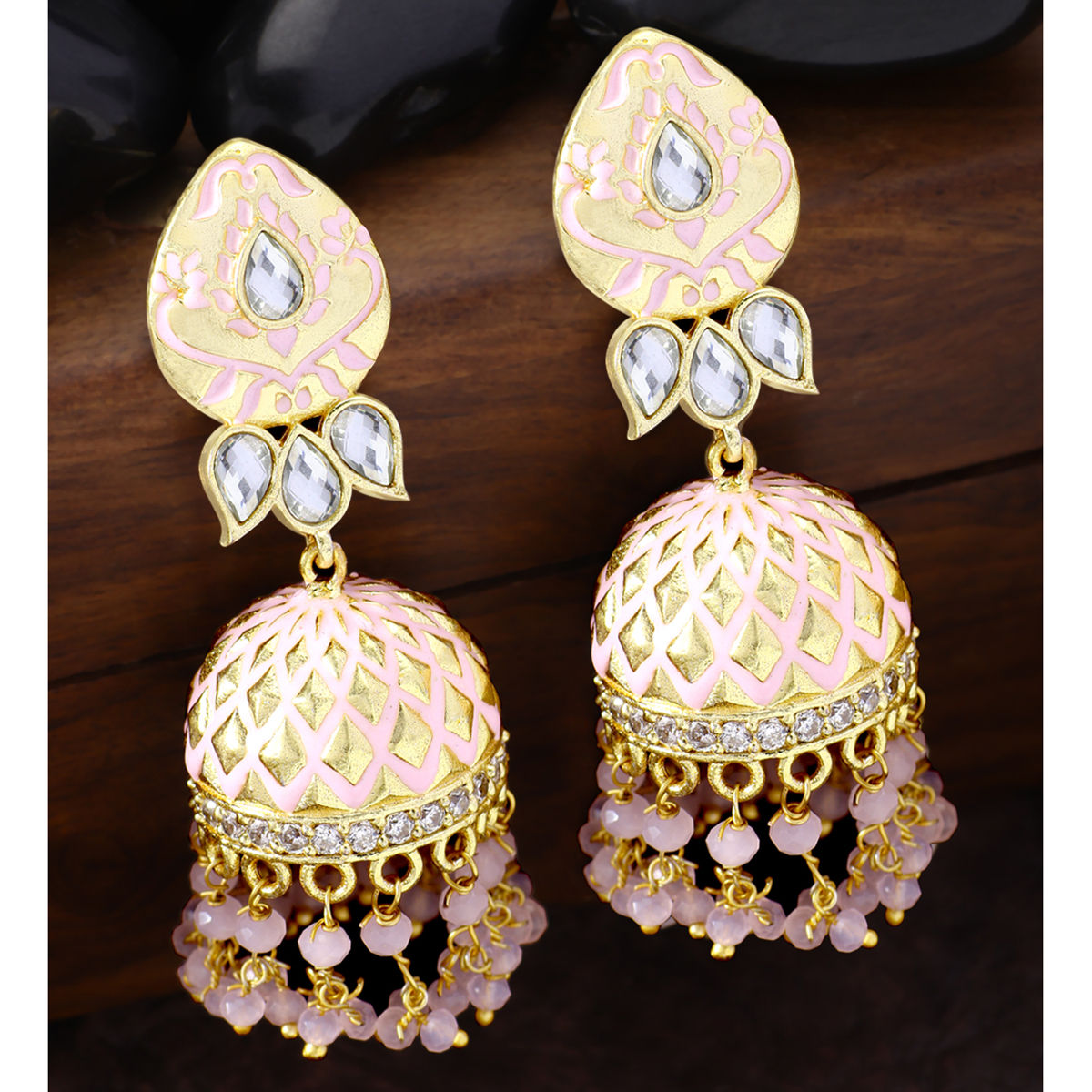 Buy Pink Colour Fancy Gold Finish Party Wear Earrings For Women Online   Anuradha Art Jewellery