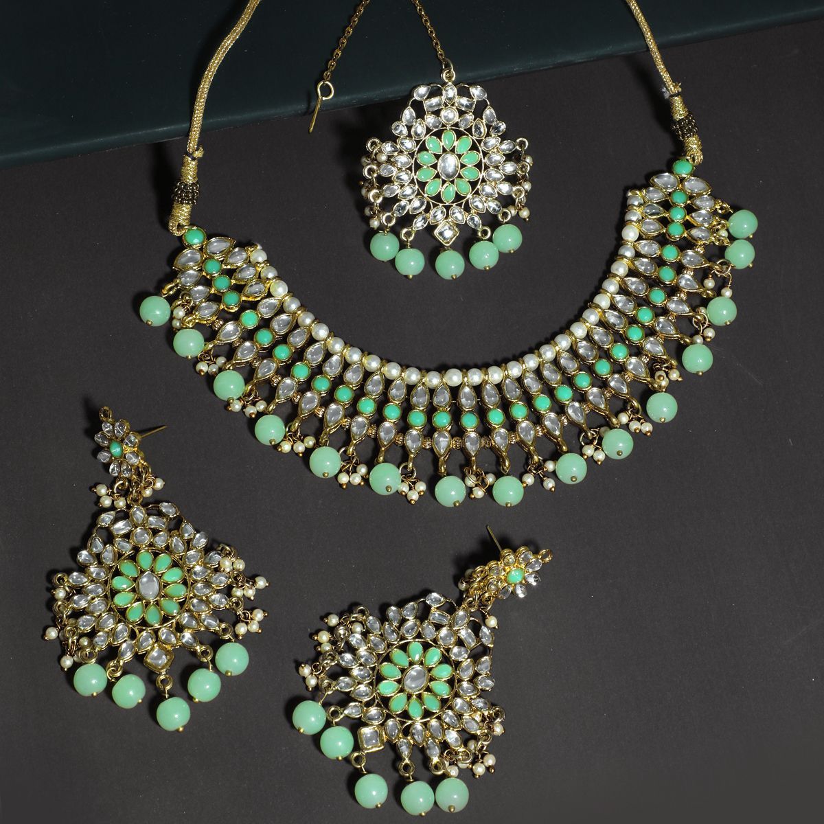 Peach  Green Necklace with Earring and Maang Tikka Jewellery Set with  Kundan  Pearls  DugriStyle