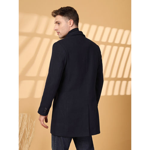 Buy CHKOKKO Men Winter Wear Long Solid Coat Navy Blue Online