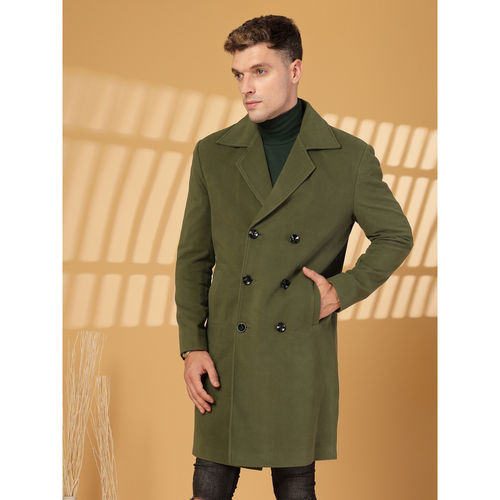 CHKOKKO Men Winter Wear Long Coat Olive Green
