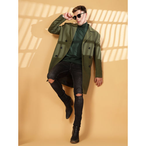 Buy CHKOKKO Men Winter Wear Long Coat Olive Green Online