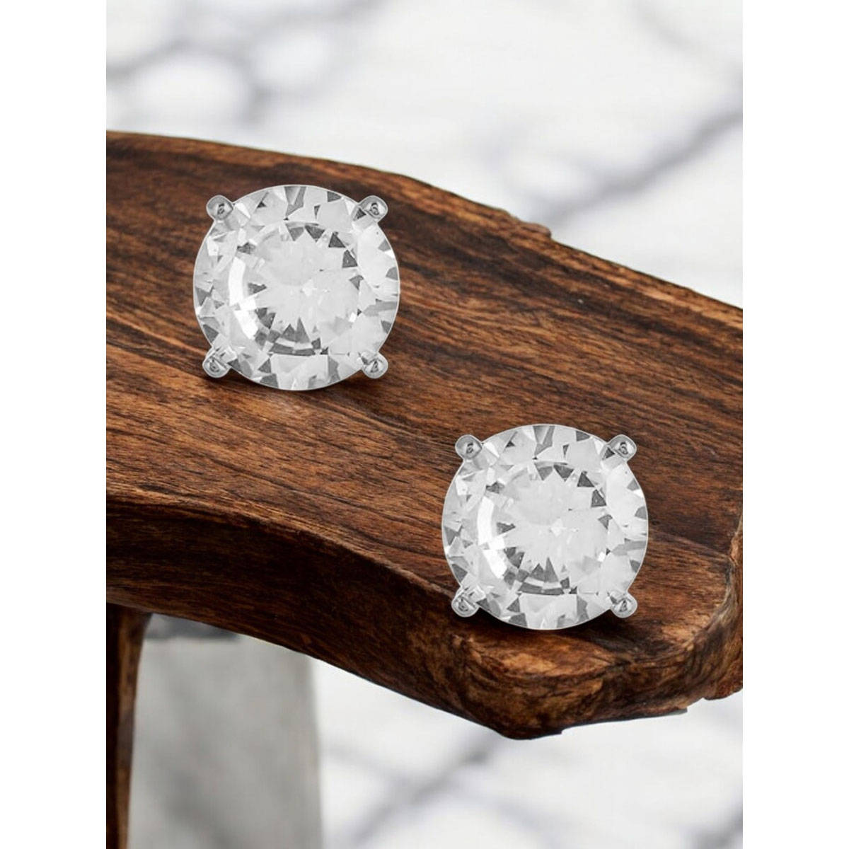 Fabula Silver Tone Zirconia Solitaire Ear Stud Earrings