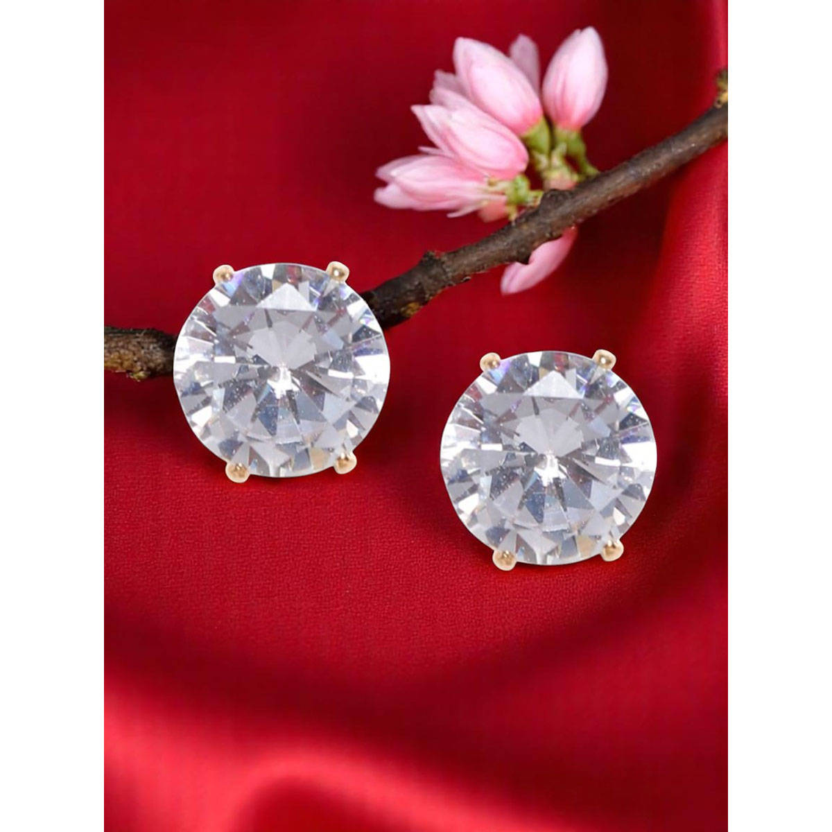 OOMPH Jewellery Gold Plated Round Solitaire Cubic Zirconia Ear Stud Earrings For Women & Girls