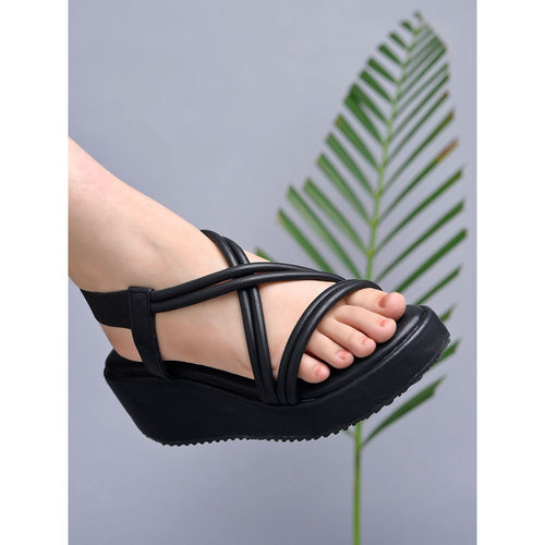 Buy Shoetopia Solid Criss-Cross Straps Black Wedges for Women Online