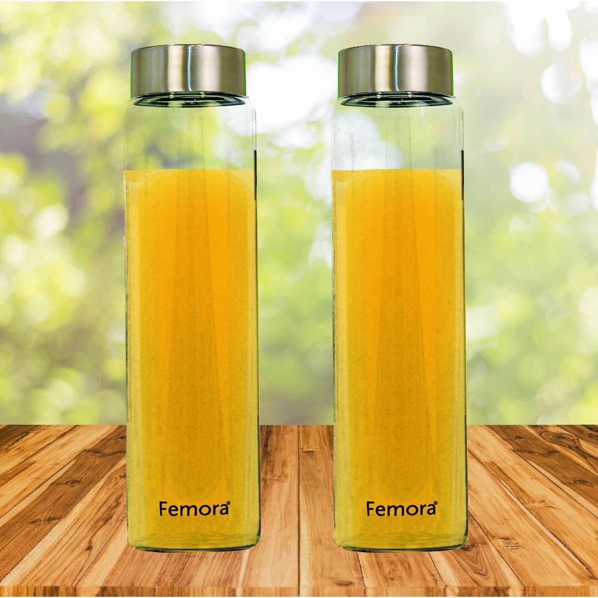 Femora Borosilicate Glass Water Bottle 1000Ml (Pack Of 2) (Steel Lid)