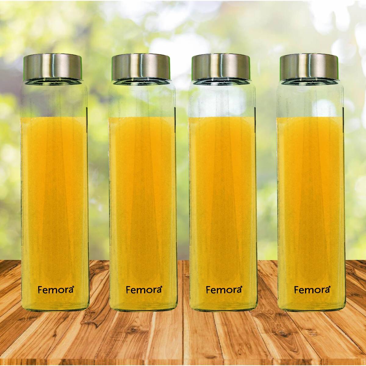Femora Borosilicate Glass Water Bottle 1000Ml (Pack Of 4) (Steel Lid)