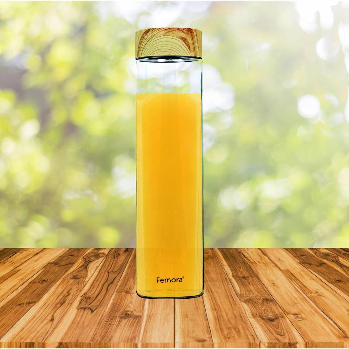 Femora Borosilicate Glass Water Bottle 1000Ml (Wooden Lid)