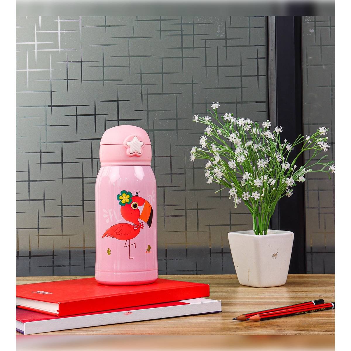 Femora Kids Flamingo Design Stainless Steel Bottle with Bag (550 ML) (Pink)