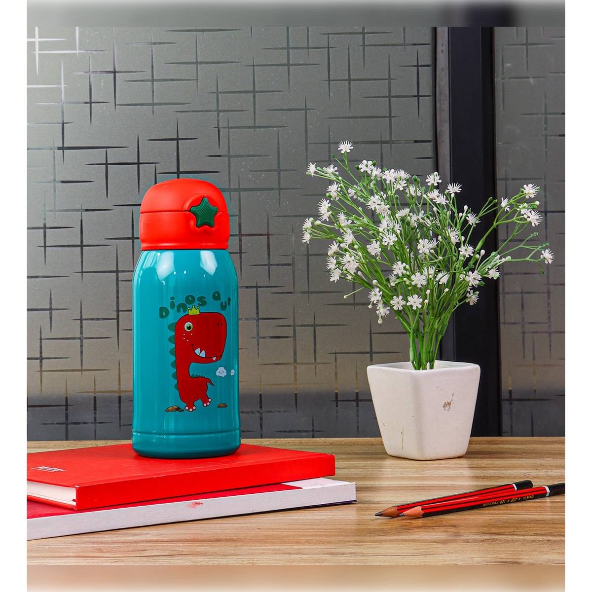 Femora Kids Crown Dinosaur Design Stainless Steel Bottle with Bag (550 ML) (Teal)