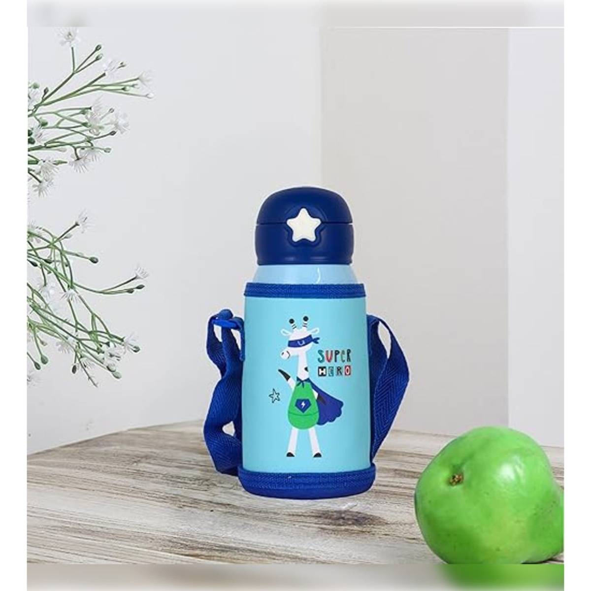 Femora Kids Super Hero Water Bottle Stainless Steel Bottle with Bag Blue (550 ML) (Set of 2)