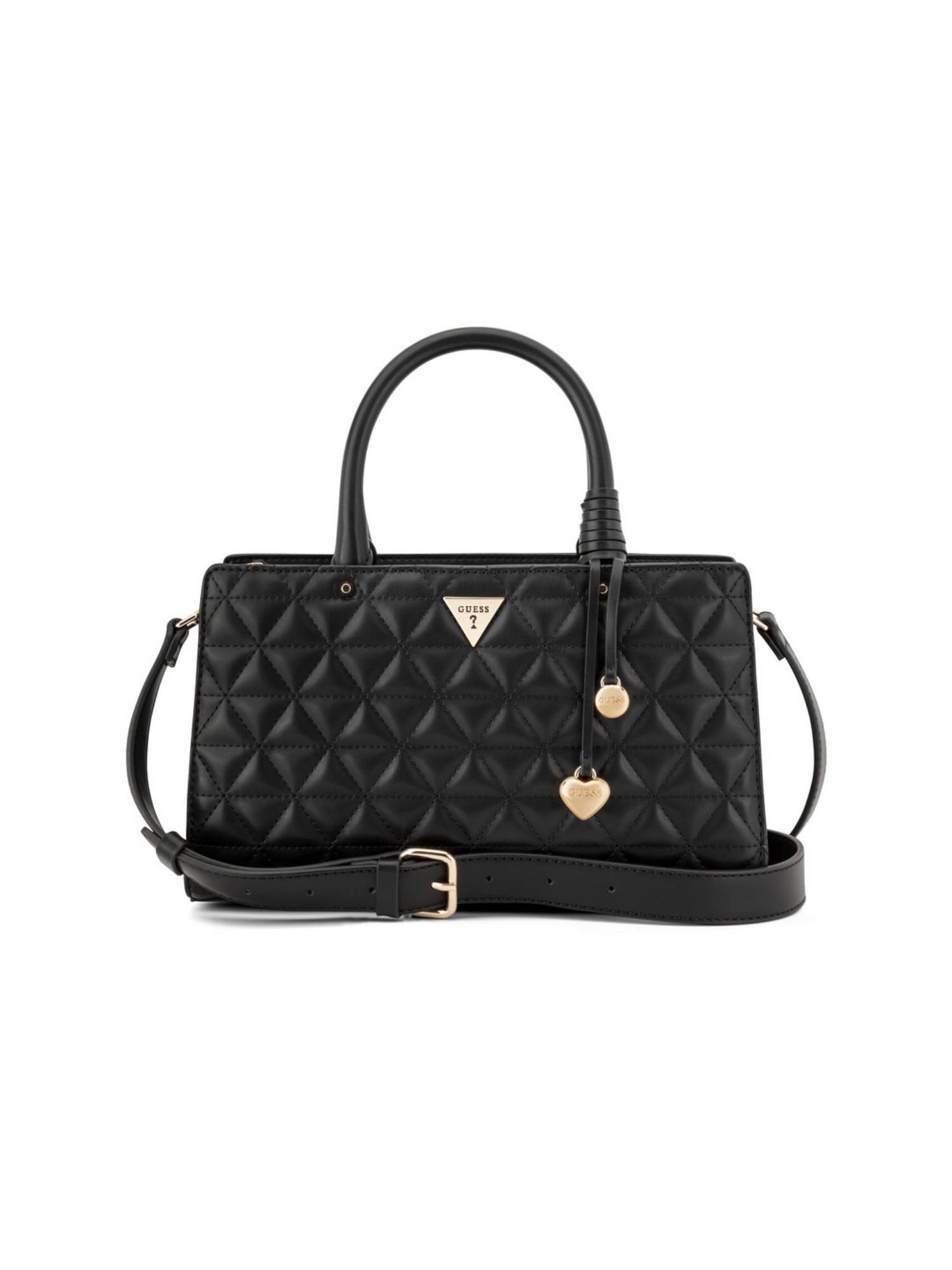 Guess Katy Black Zipper Quilted Satchel Bag with Detachable Strap