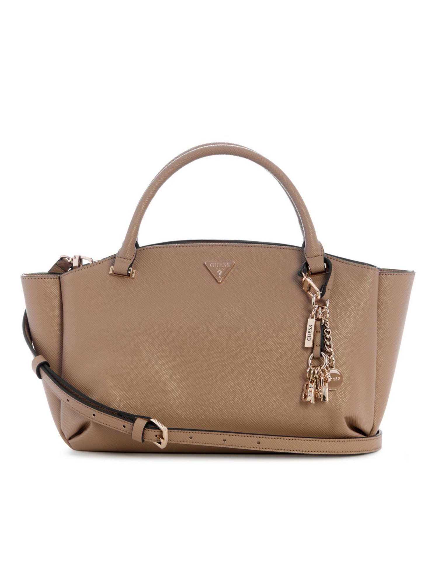 Guess Gilda Beige Zipper Textured Satchel Bag with Detachable Strap