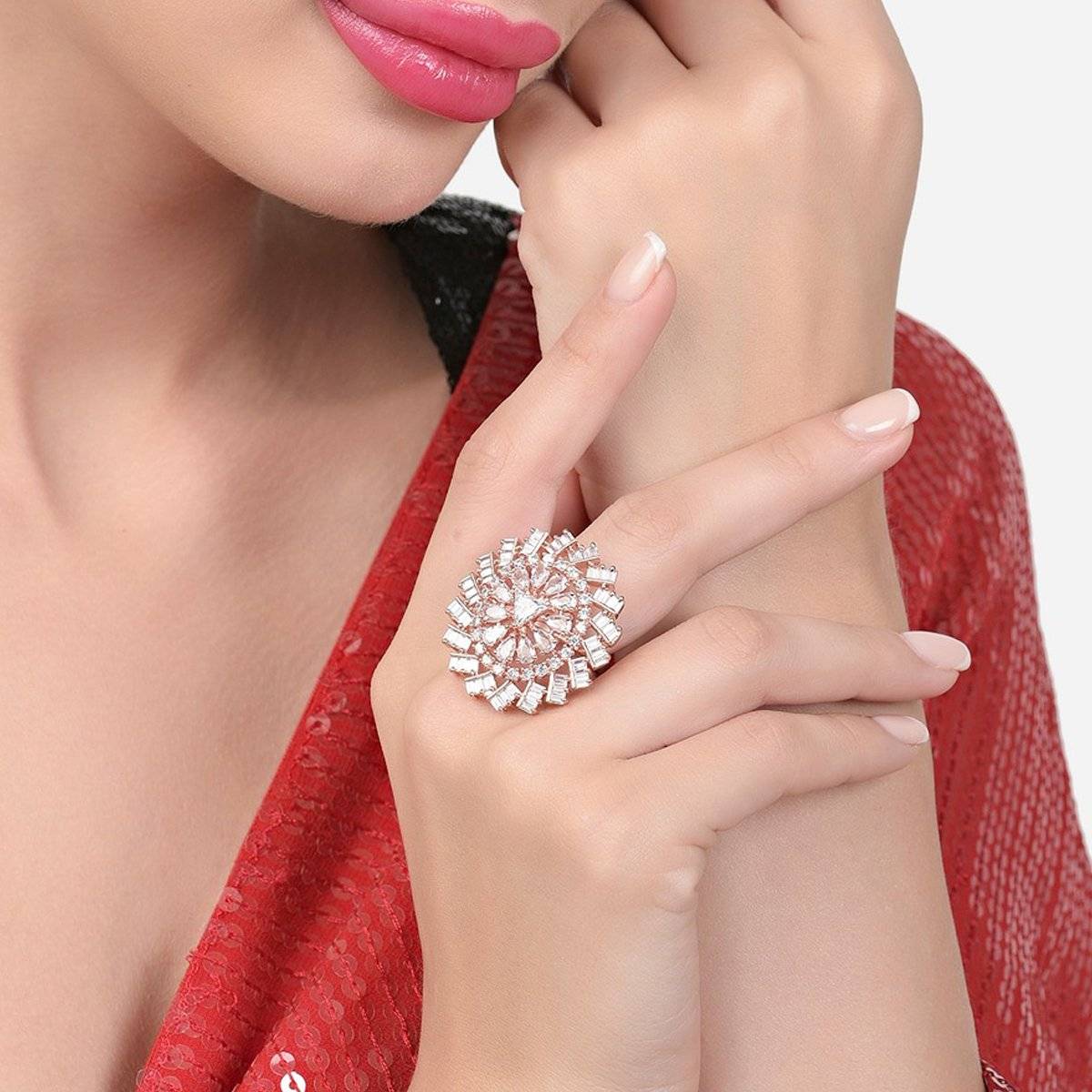Zaveri Pearls Rose Gold Cubic Zirconia Party Bling Statement Brass Ring-ZPFK15425