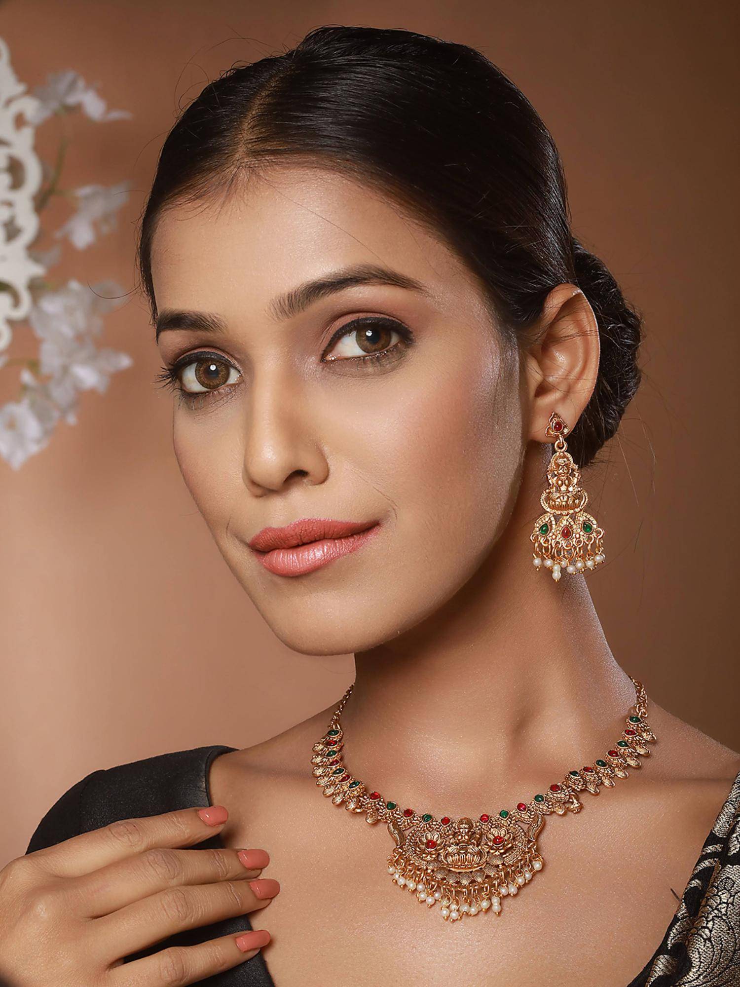 Aatmana Jazz And Sizzle Gold-Plated Stones Studded Temple Necklace With Earrings