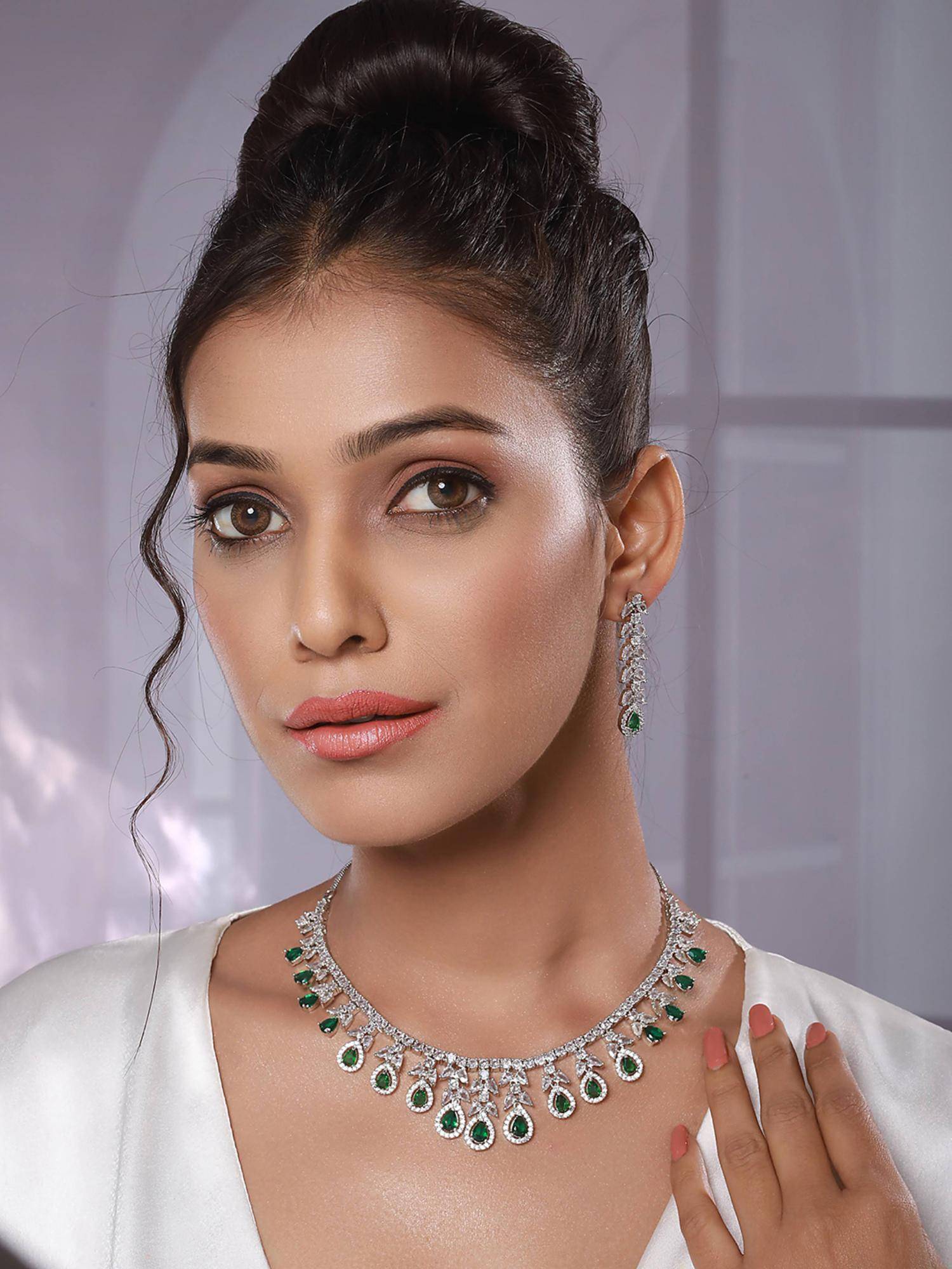 Aatmana Rhodium-Plated Green American Diamond Studded Handcrafted Jewellery Set